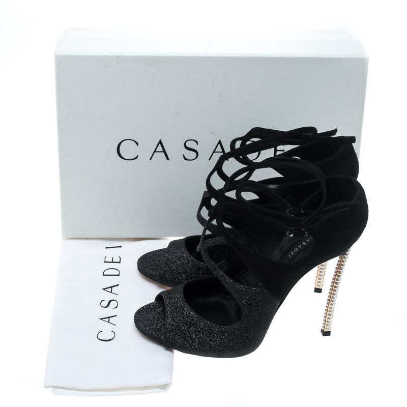 Casadei Black Suede and Glitter Hollywood Peep Toe Cut Out Pumps Size 40 4