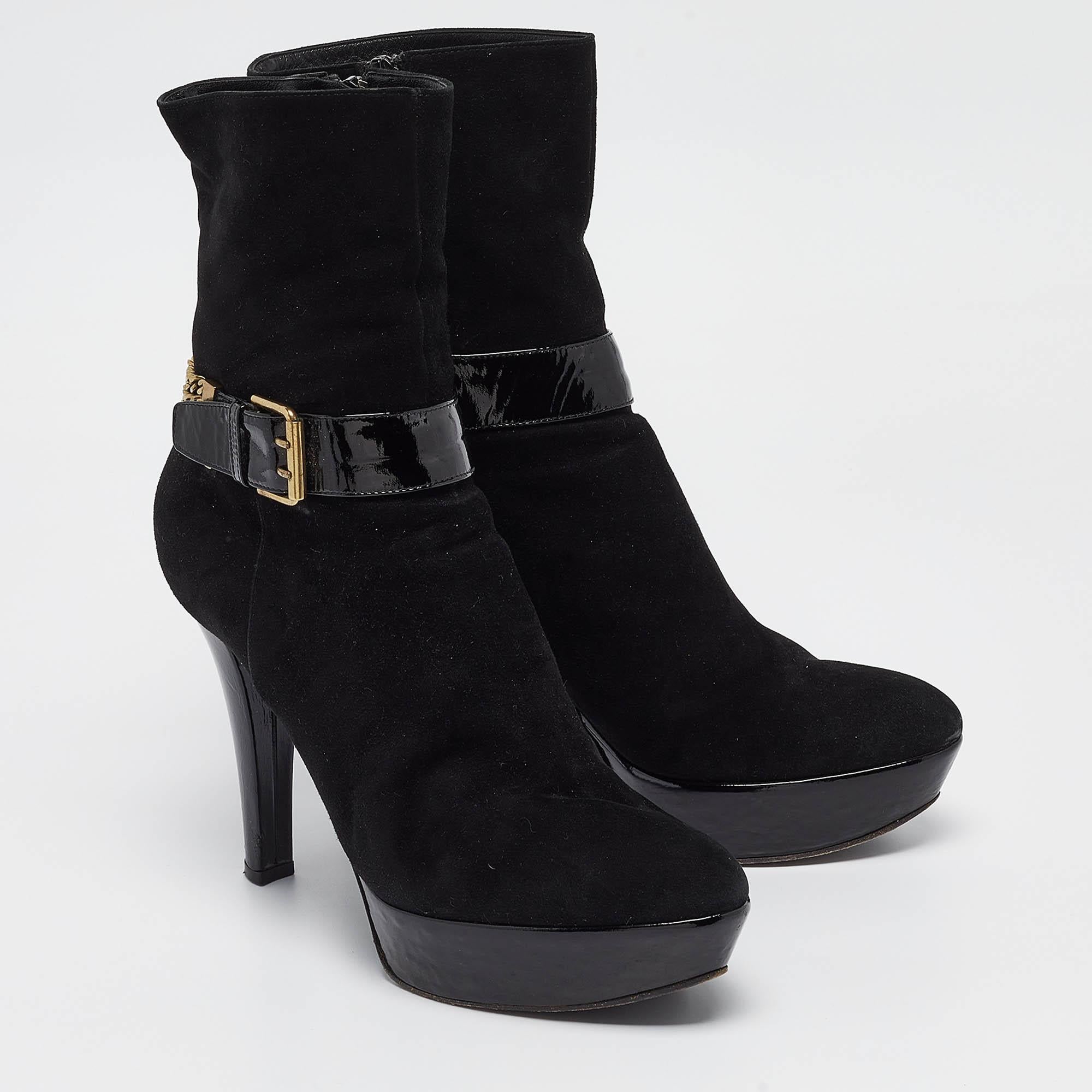 Women's Casadei Black Suede Buckle Chain Embellished Platform Ankle Boots Size 38 For Sale