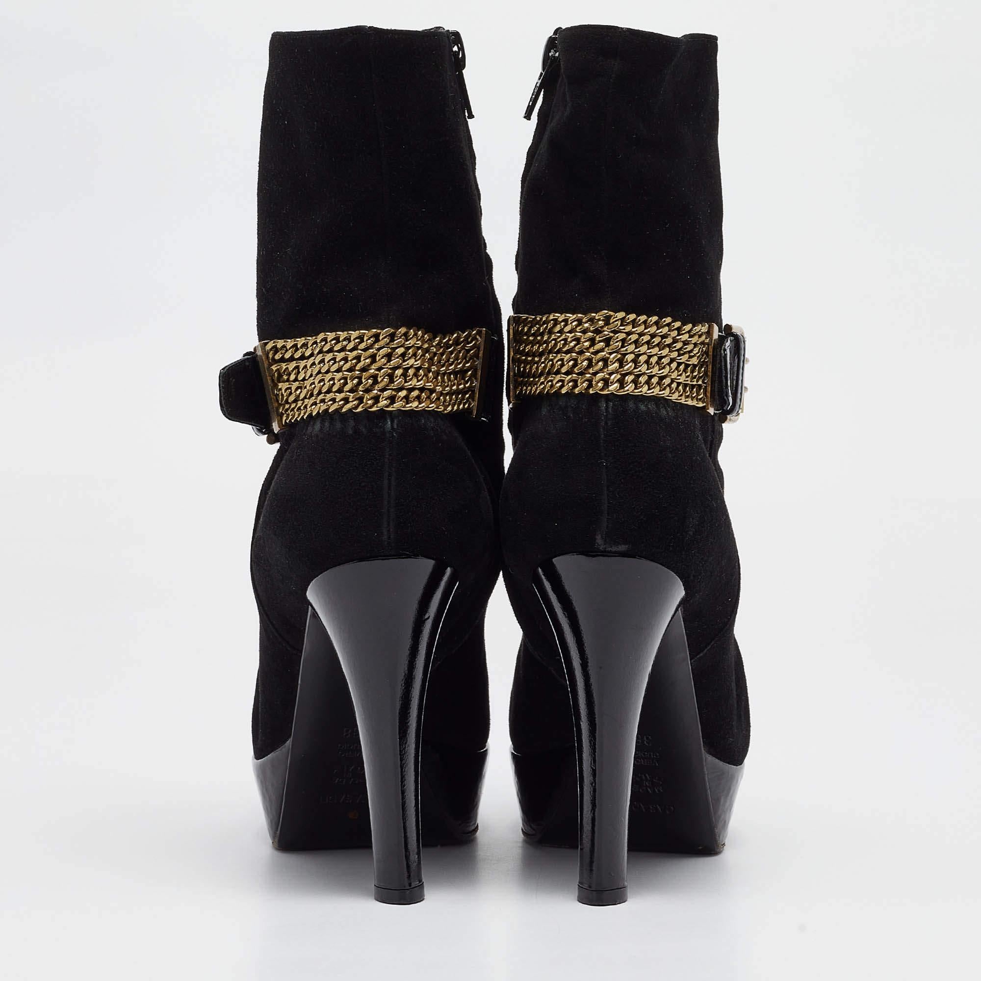 Casadei Black Suede Buckle Chain Embellished Platform Ankle Boots Size 38 For Sale 1