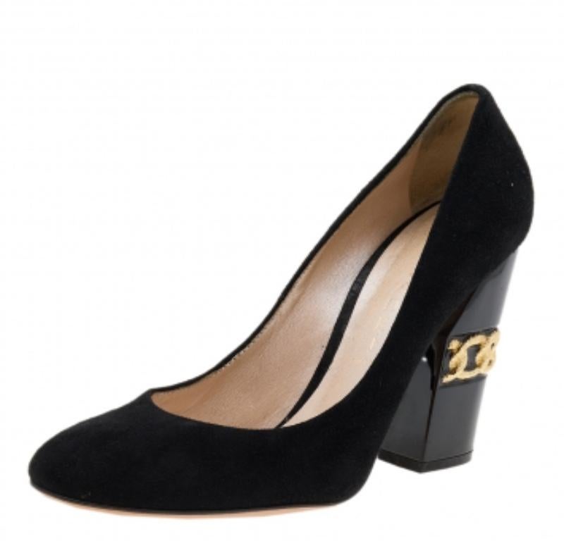 Women's Casadei Black Suede Chain Block Heel Round Toe Pumps Size 38.5 For Sale