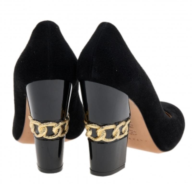 Casadei Black Suede Chain Block Heel Round Toe Pumps Size 38.5 For Sale 2