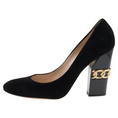 Casadei Black Suede Chain Block Heel Round Toe Pumps Size 38.5