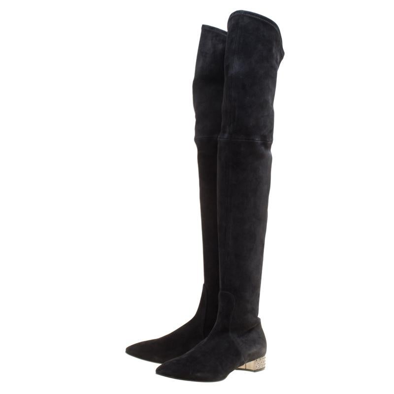 Casadei Black Suede Crystal Embellished Heel Over The Knee Boots Size 38.5 In New Condition In Dubai, Al Qouz 2
