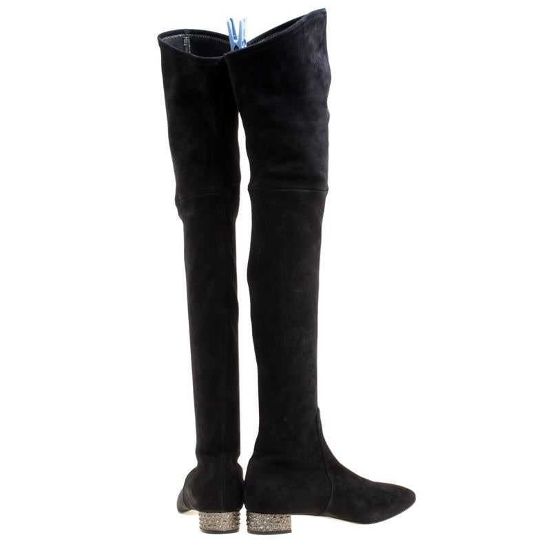 Women's Casadei Black Suede Crystal Embellished Heel Over The Knee Boots Size 38.5