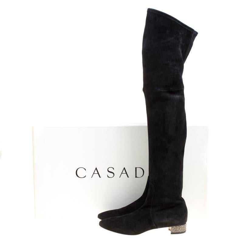Casadei Black Suede Crystal Embellished Heel Over The Knee Boots Size 38.5 3