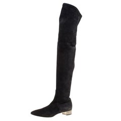 Casadei Black Suede Crystal Embellished Heel Over The Knee Boots Size 38.5