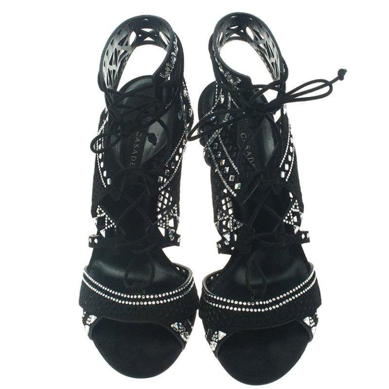 Casadei Black Suede Crystal Embellished Strappy Sandals Size 41.5 In New Condition In Dubai, Al Qouz 2