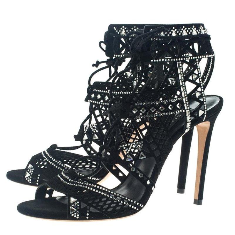 Women's Casadei Black Suede Crystal Embellished Strappy Sandals Size 41.5