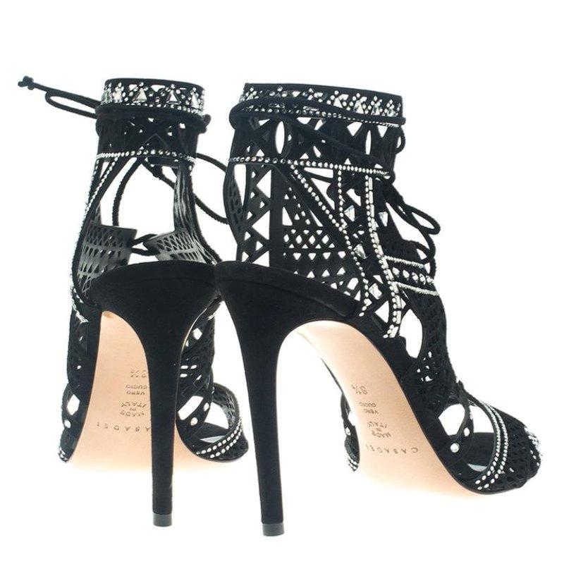 Casadei Black Suede Crystal Embellished Strappy Sandals Size 41.5 1