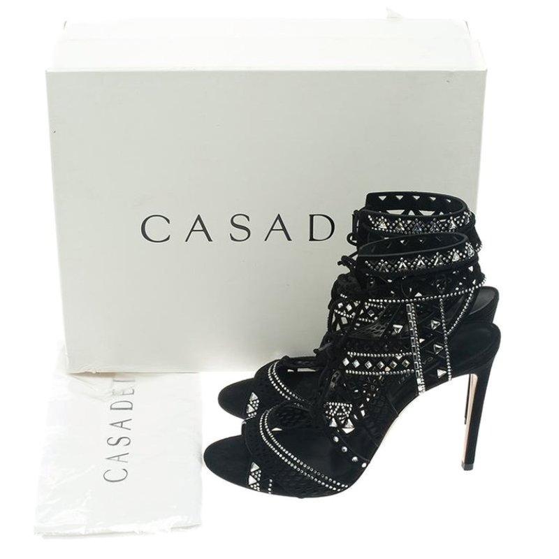 Casadei Black Suede Crystal Embellished Strappy Sandals Size 41.5 4