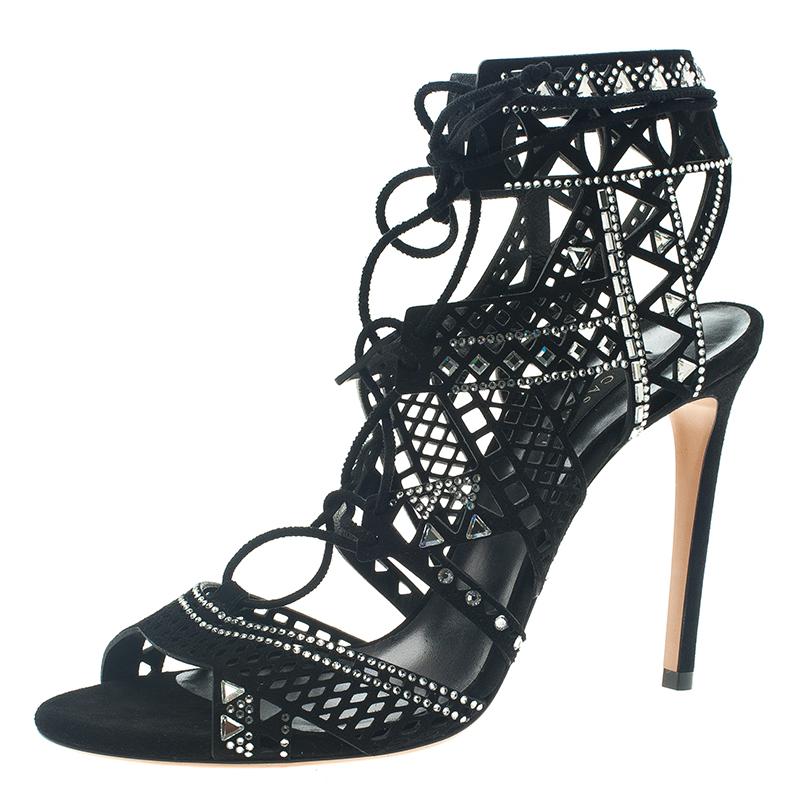 Casadei Black Suede Crystal Embellished Strappy Sandals Size 41.5