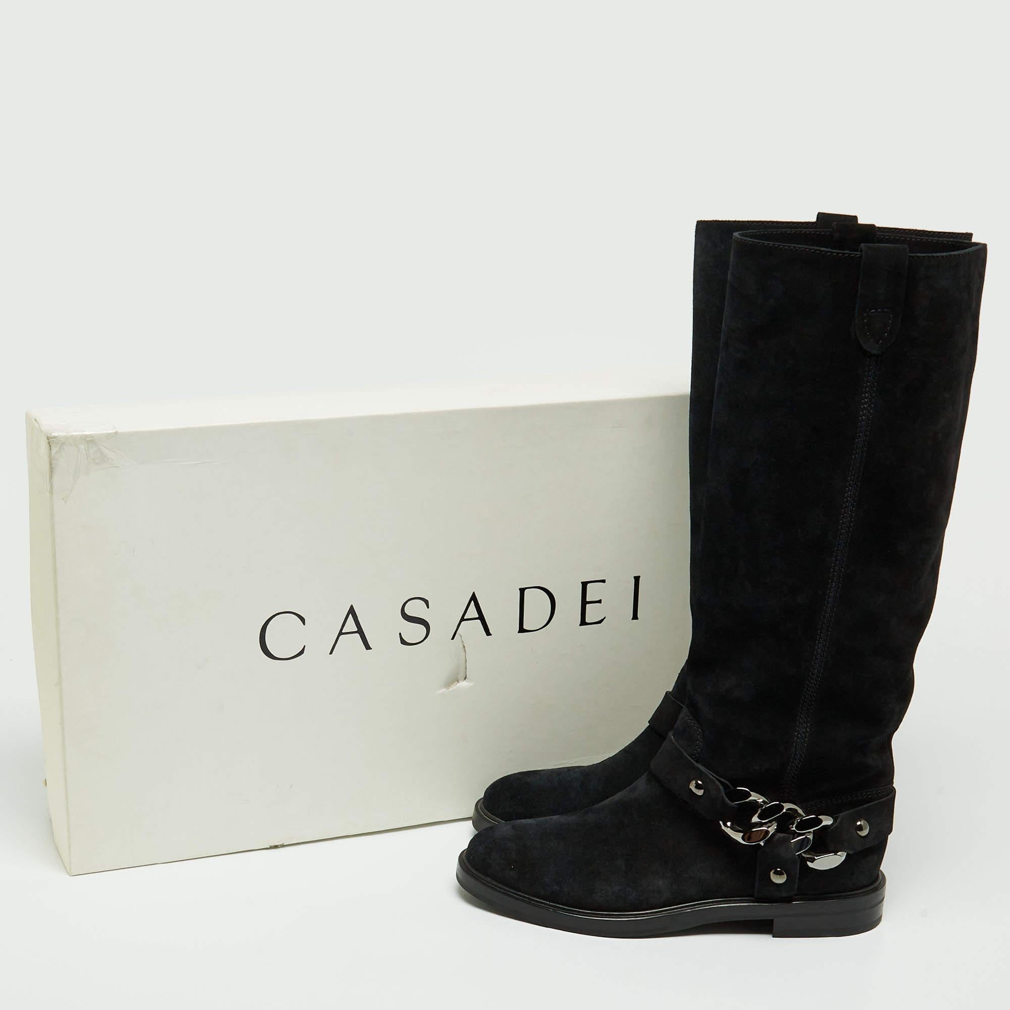 Casadei Black Suede Knee Length Boots Size 38.5 For Sale 7