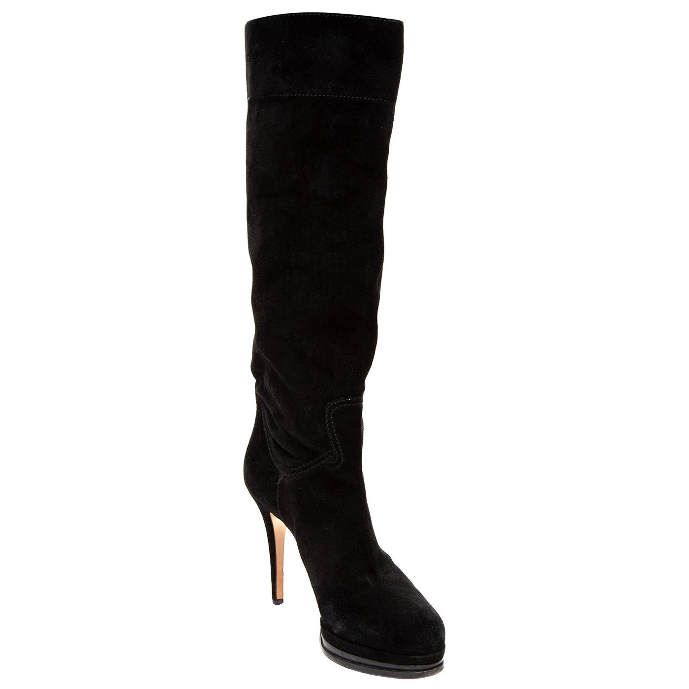 Casadei Black Suede Platform Knee High Boots Size UK 5