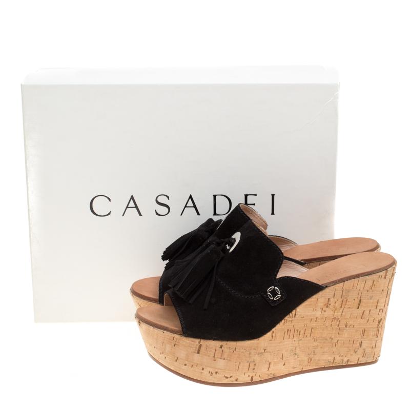 Casadei Black Suede Tassel Peep Toe Cork Platform Wedge Slides Size 40 3