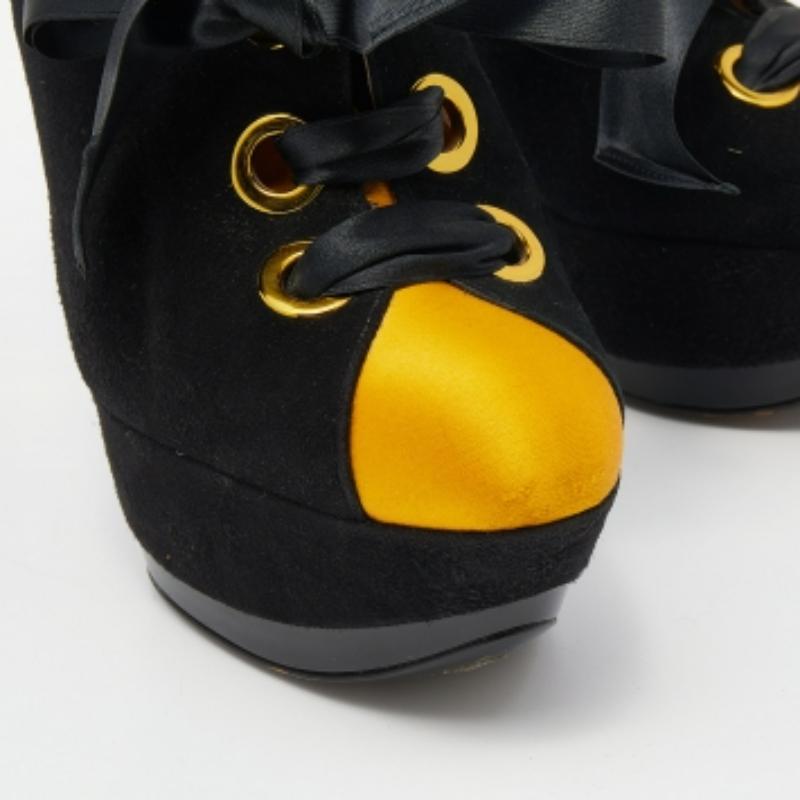 De las mujeres Casadei Botines de plataforma con cordones de ante y satén negro/amarillo Talla 37.5 en venta