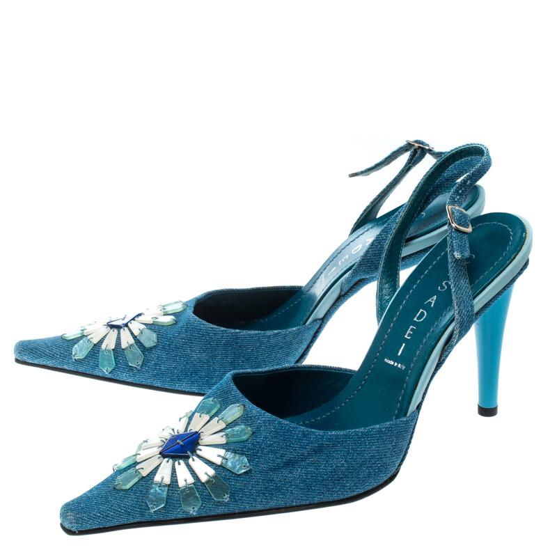 Women's Casadei Blue Denim Pointed Toe Slingback Sandals Size 37.5