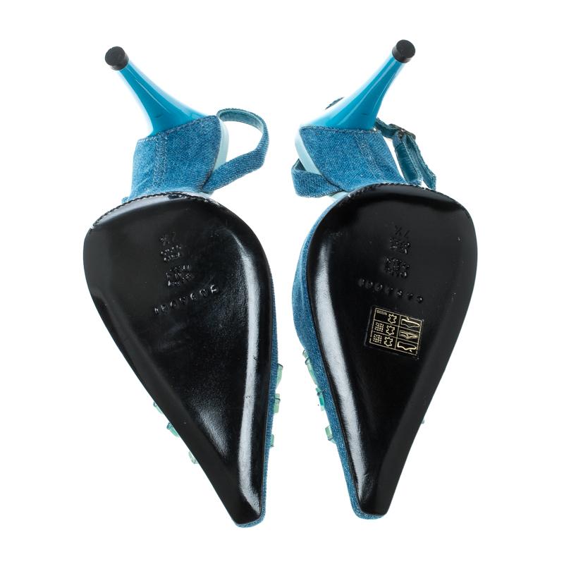 Women's Casadei Blue Denim Pointed Toe Slingback Sandals Size 37.5 For Sale