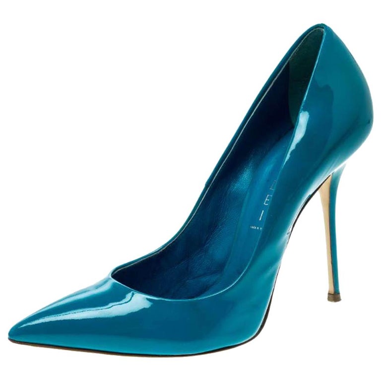 Casadei Blue Patent Leather Tiffany Pointed Toe Pumps Size 39 For Sale ...