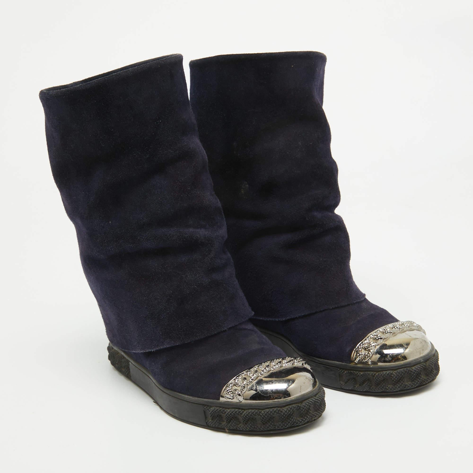 Women's Casadei Blue Suede Embellished Metal Cap Toe Fold-Over Wedge Sneakers Size 38