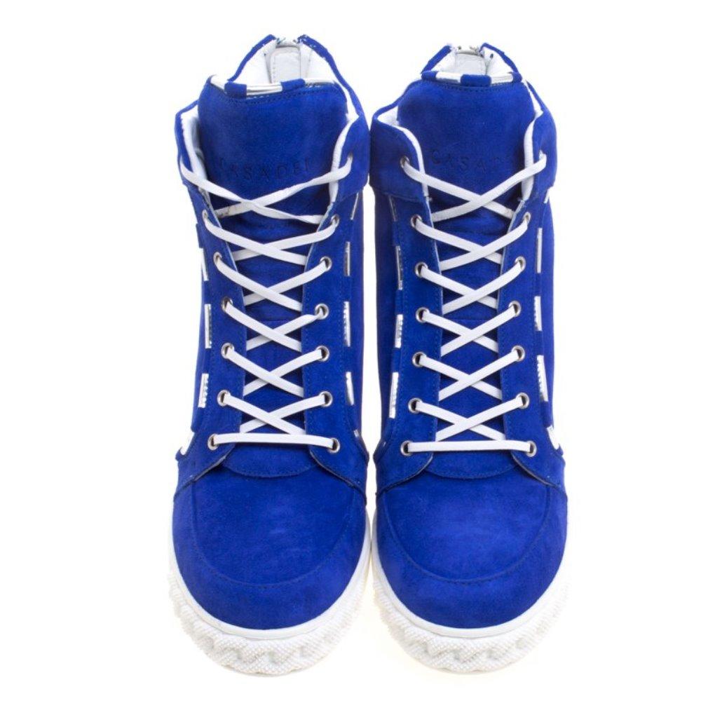 Casadei Blue Suede High Top Wedge Sneakers Size 37.5 In New Condition In Dubai, Al Qouz 2