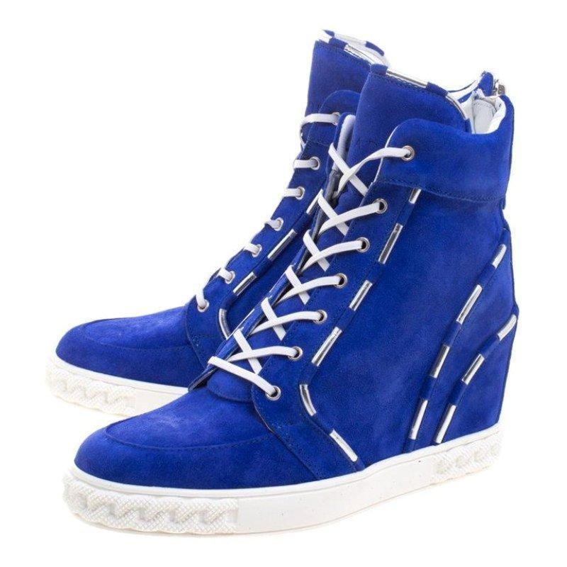 Casadei Blue Suede High Top Wedge Sneakers Size 37.5 In New Condition In Dubai, Al Qouz 2