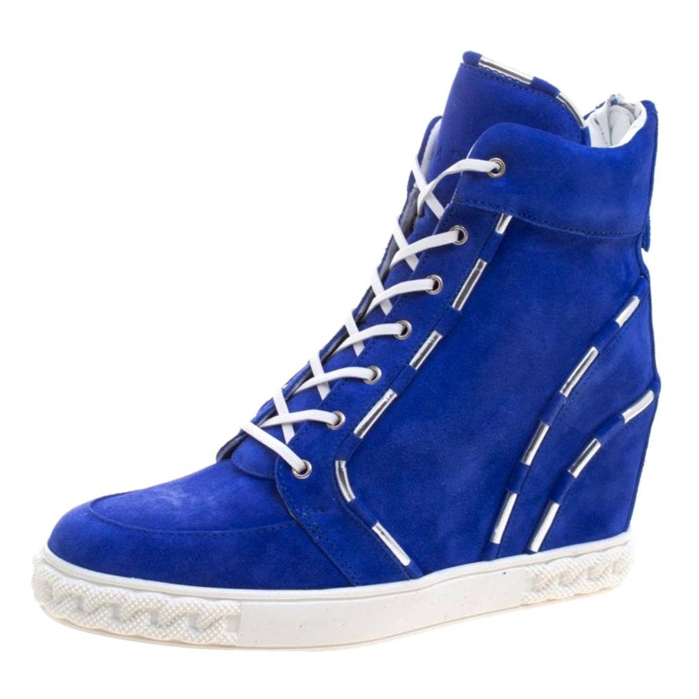 Casadei Blue Suede High Top Wedge Sneakers Size 37.5