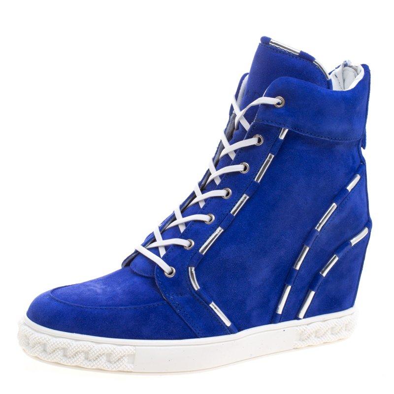 Casadei Blue Suede High Top Wedge Sneakers Size 37.5