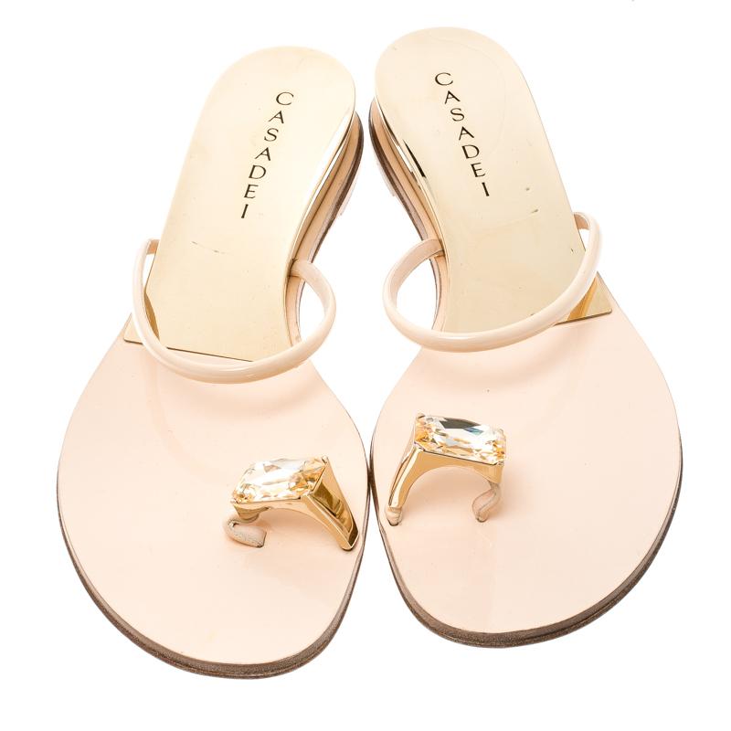 Beige Casadei Blush Pink Patent Leather Crystal Toe Ring Sandals Size 39