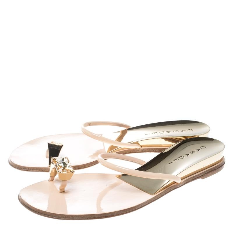 Casadei Blush Pink Patent Leather Crystal Toe Ring Sandals Size 39 1