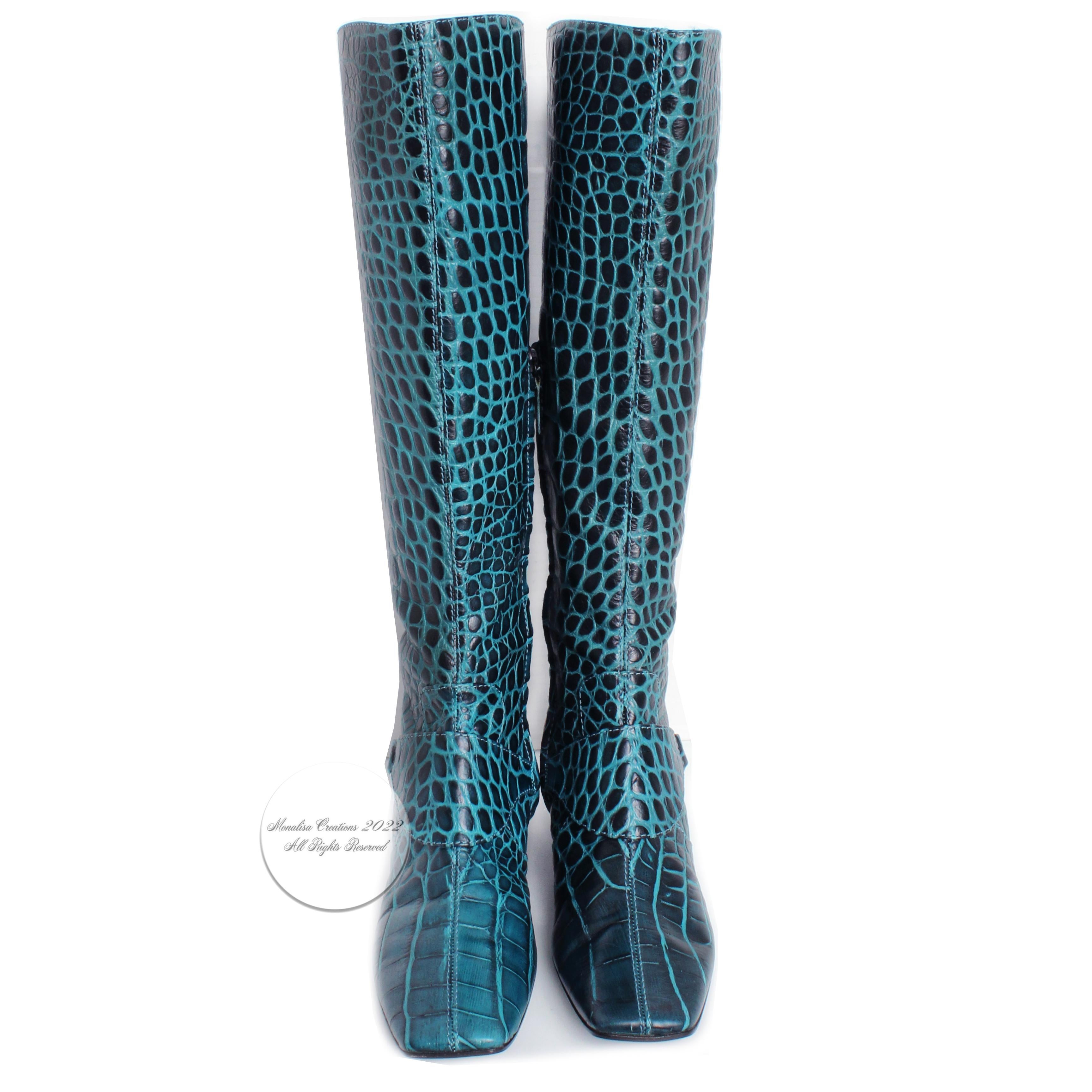 Casadei Boots Croc Embossed Leather Green Blue Made in Italy Vintage Size 9.5  In Good Condition In Port Saint Lucie, FL