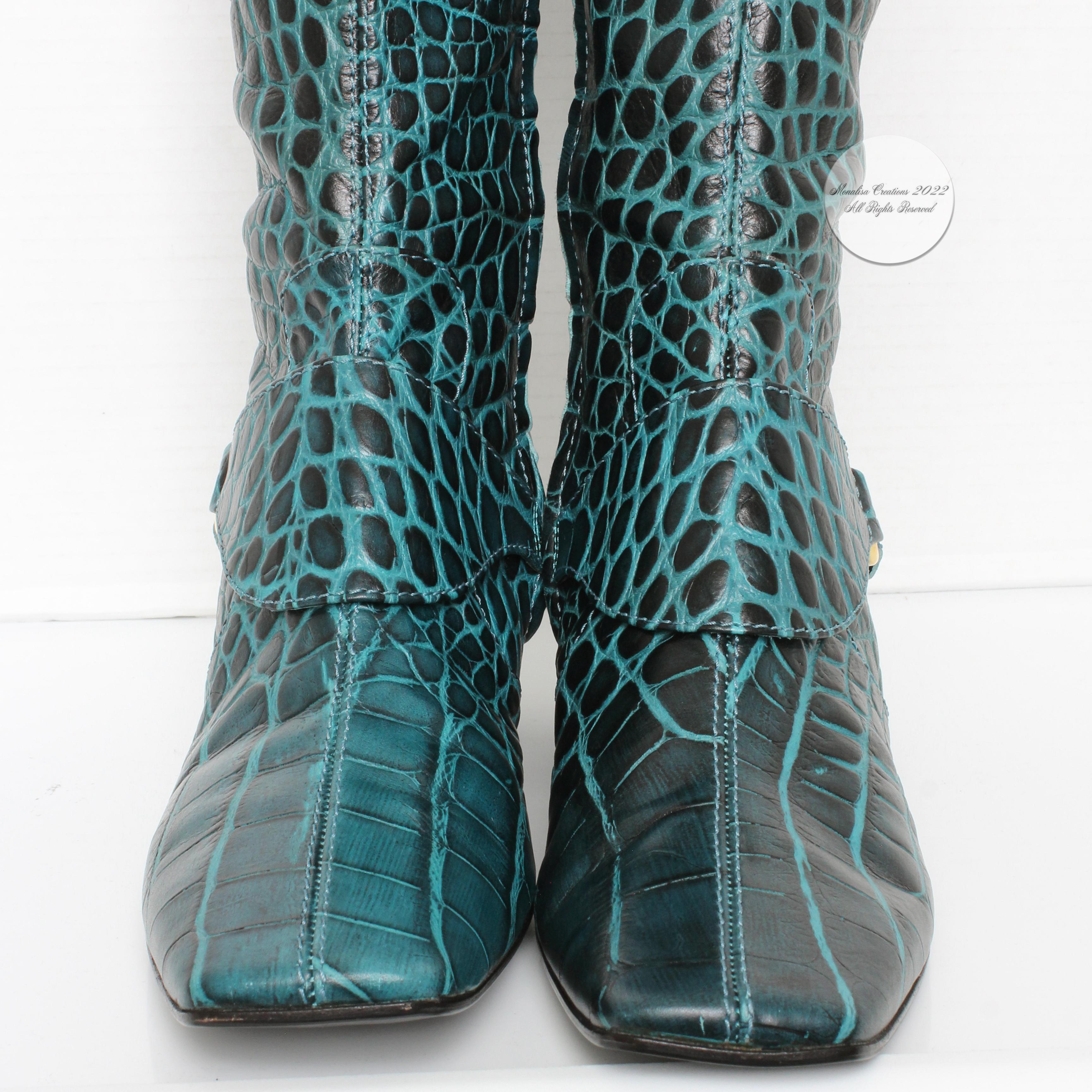 Women's Casadei Boots Croc Embossed Leather Green Blue Made in Italy Vintage Size 9.5 