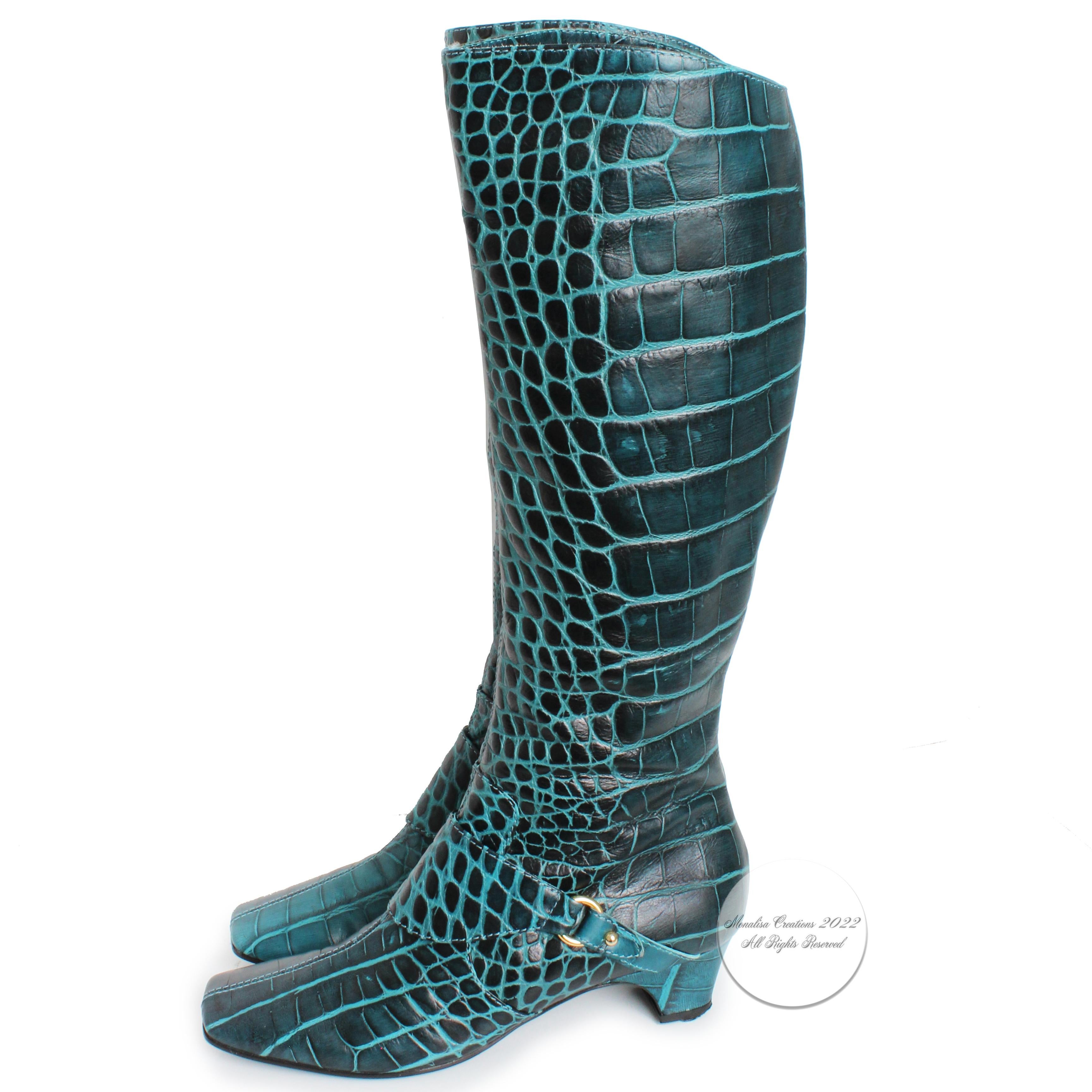 Casadei Boots Croc Embossed Leather Green Blue Made in Italy Vintage Size 9.5  1