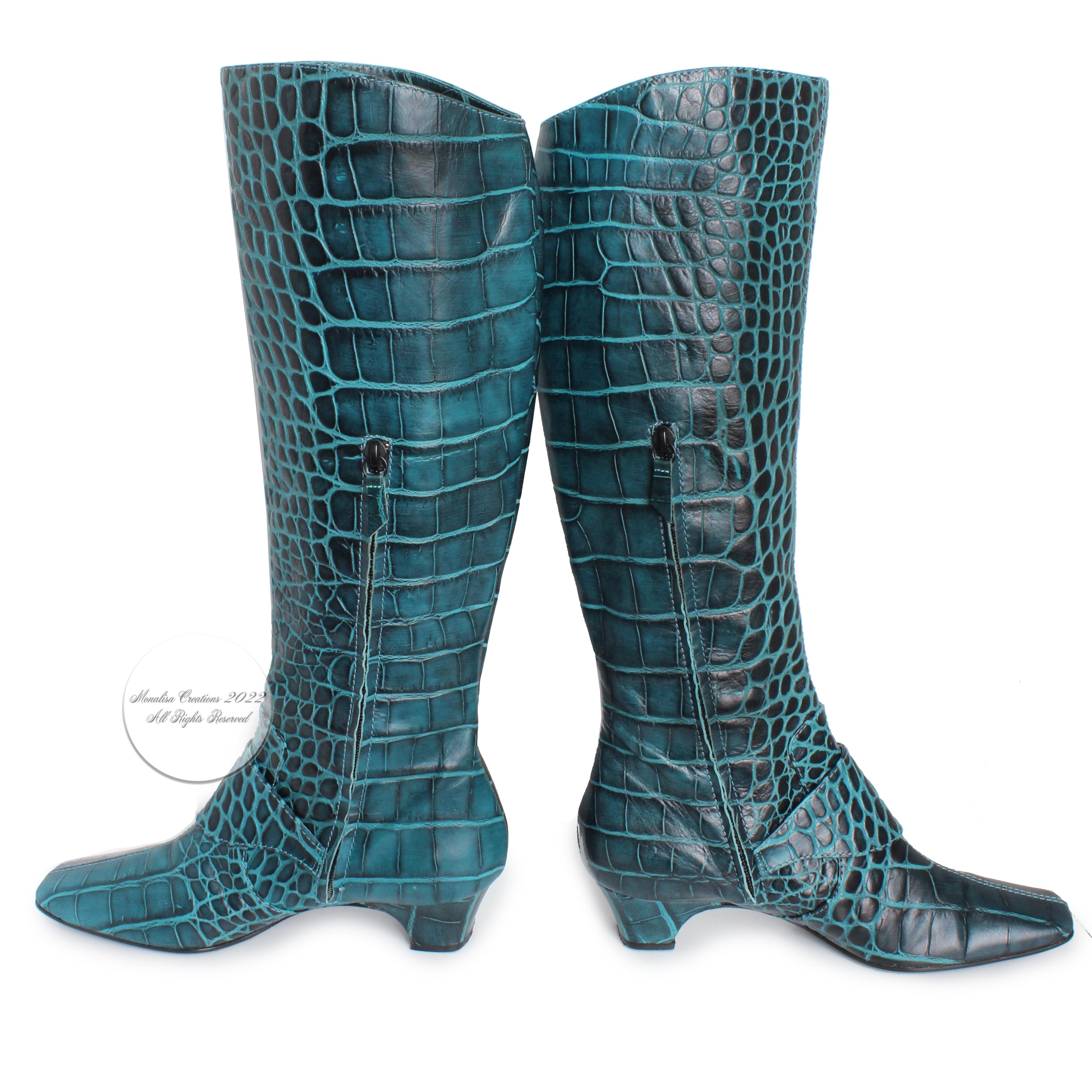 Casadei Boots Croc Embossed Leather Green Blue Made in Italy Vintage Size 9.5  2