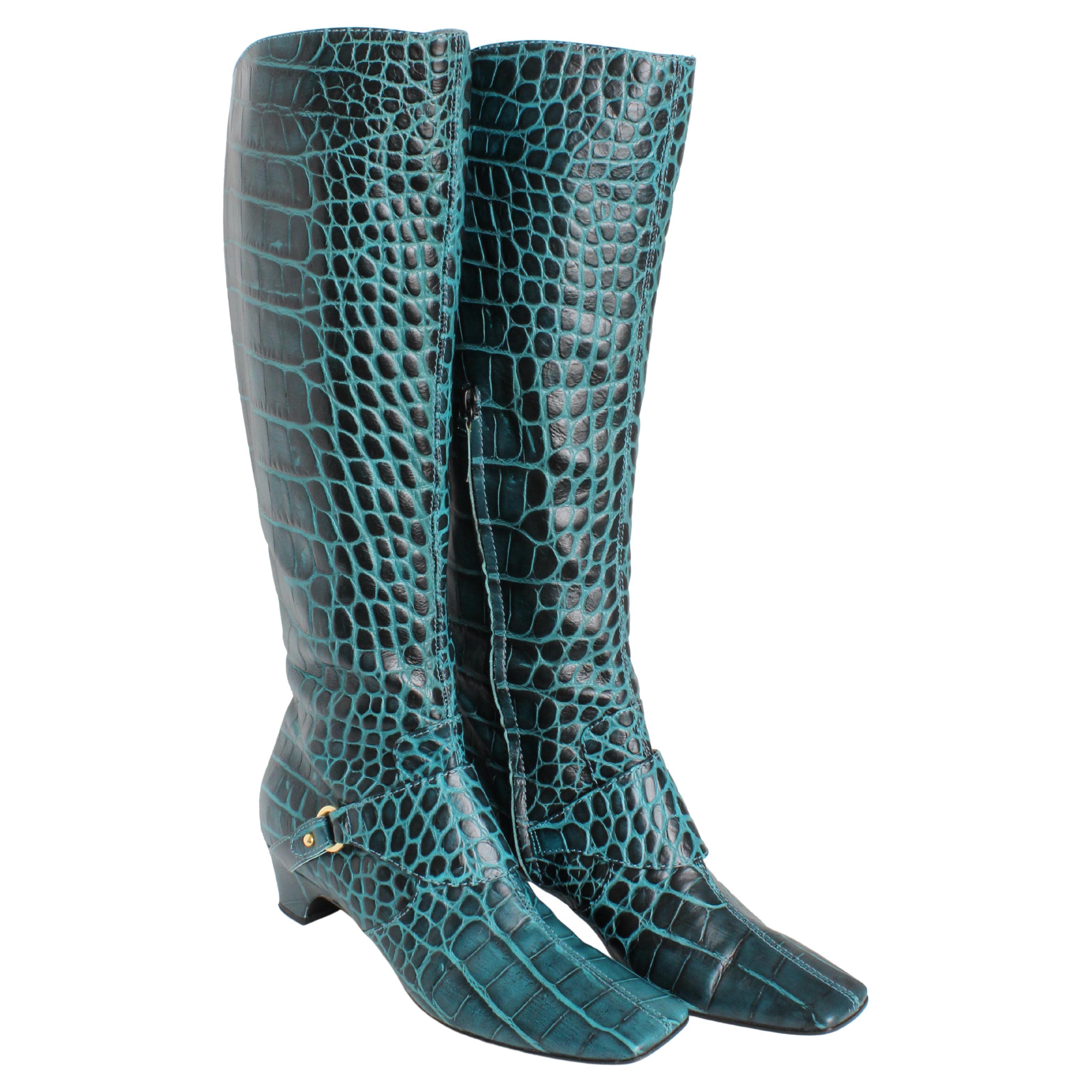 Casadei Boots Croc Embossed Leather Green Blue Made in Italy Vintage Size 9.5 