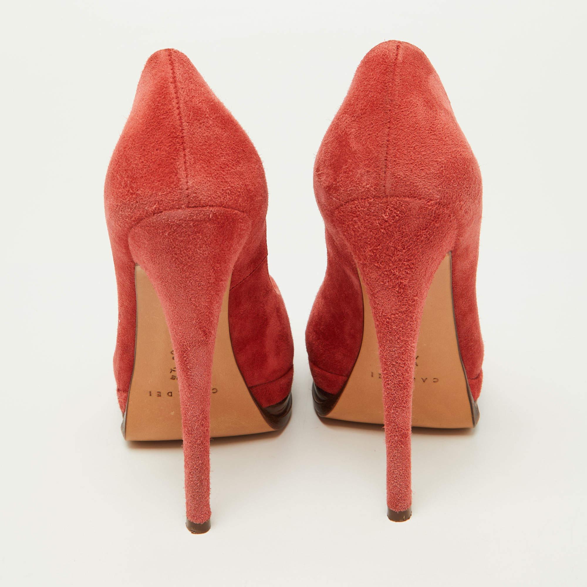 Casadei Brick Brown Suede Daisy Peep Toe Platform Pumps Size 35 For Sale 1