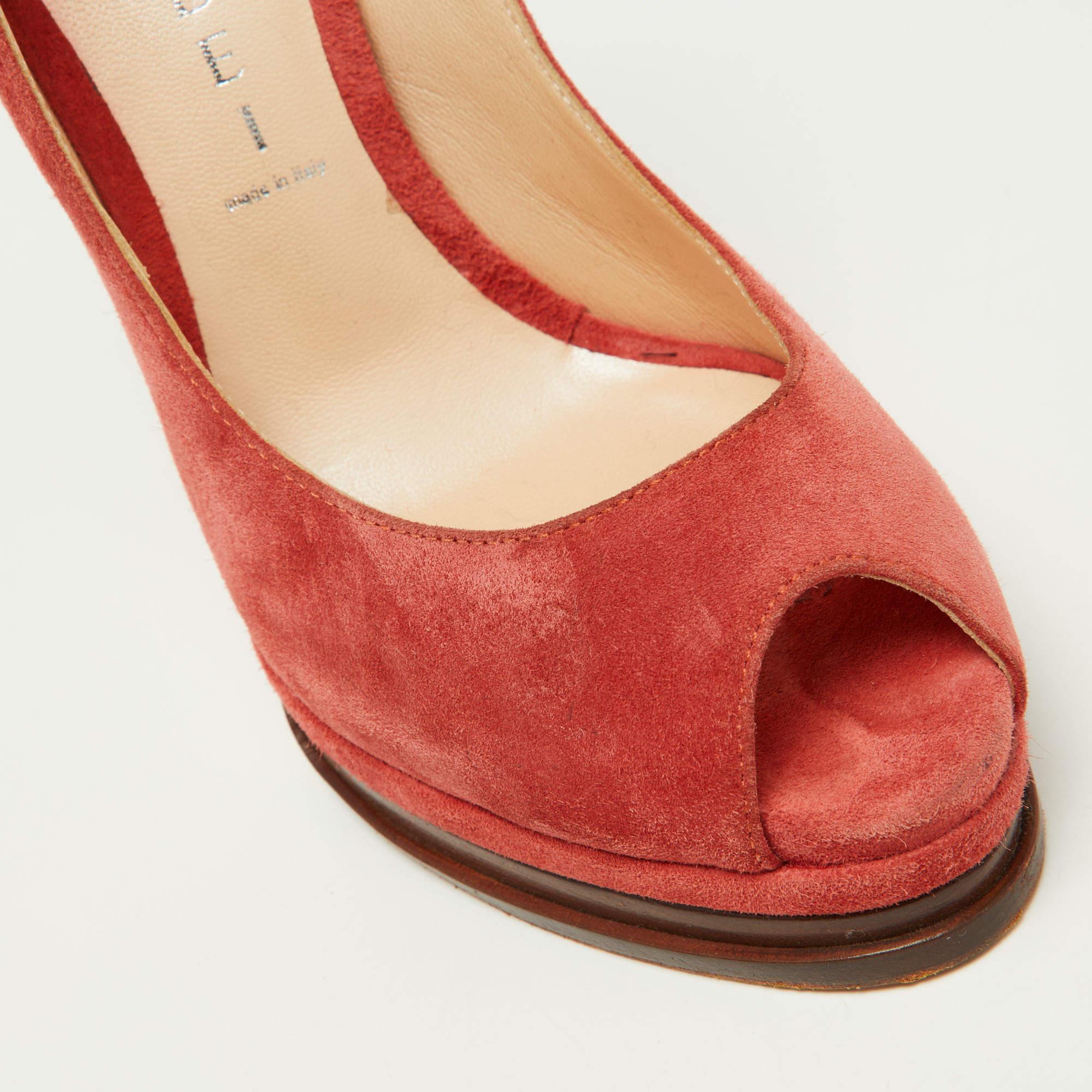 Casadei Brick Brown Suede Daisy Peep Toe Platform Pumps Size 35 For Sale 3