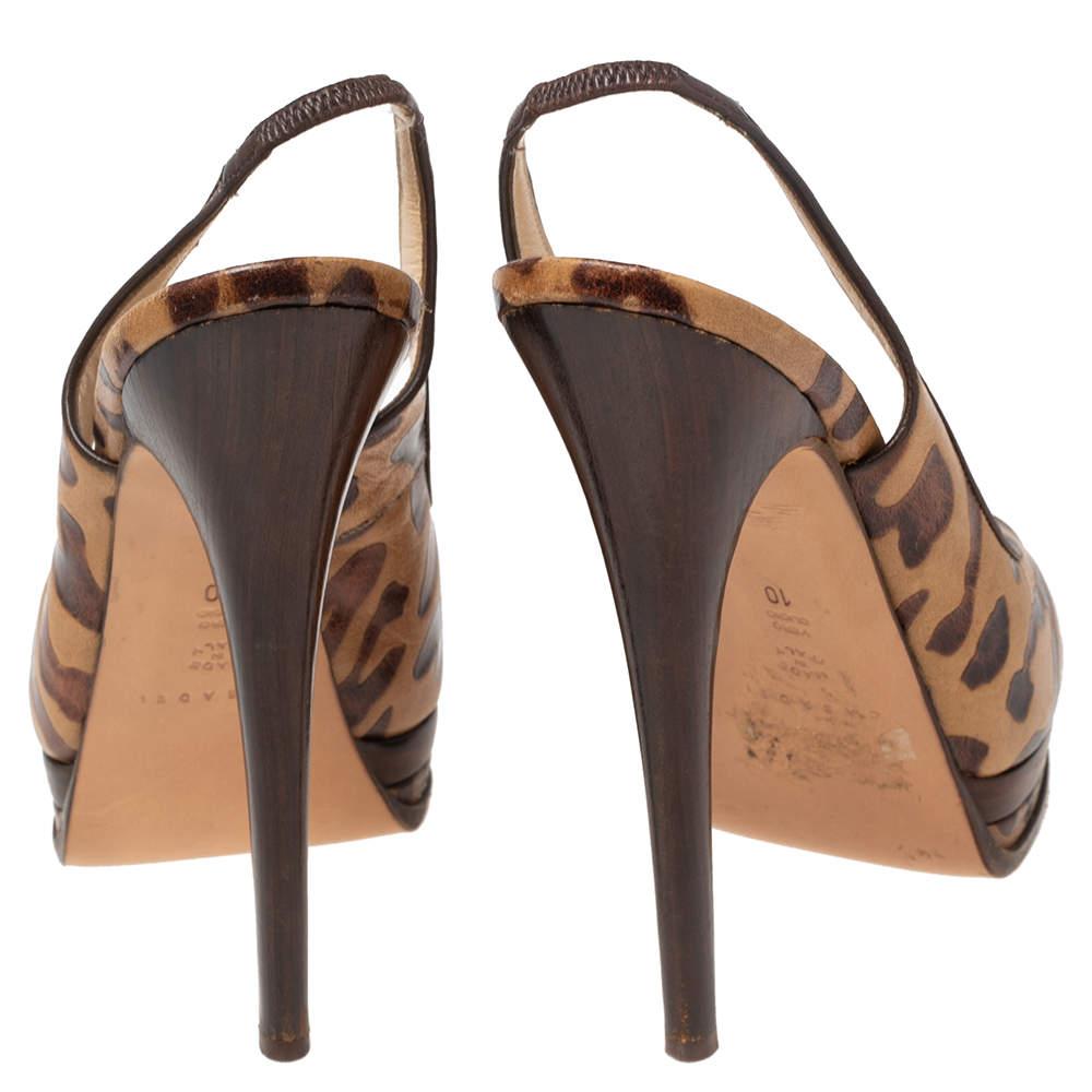 Casadei Brown/Beige Leopard Print Leather Peep Toe Slingback Sandals Size 40 1