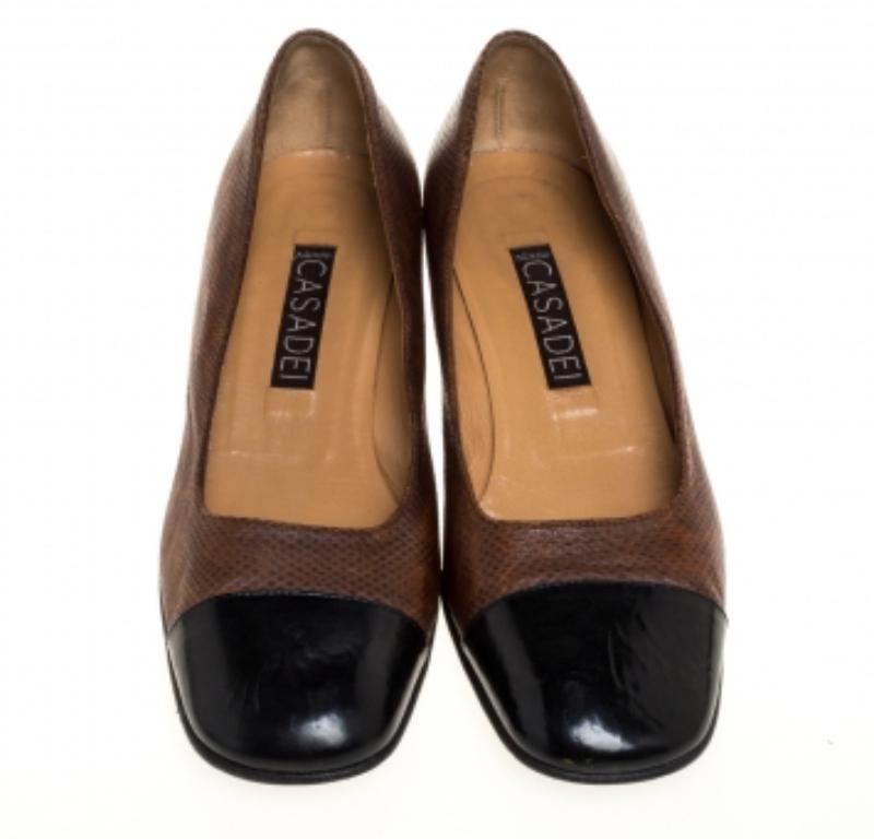 Casadei Brown Embossed Leather And Black Patent Cap Toe Pumps Size 38 For Sale 1