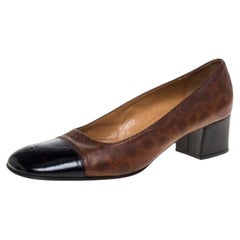 Casadei Brown Embossed Leather And Black Patent Cap Toe Pumps Size 38