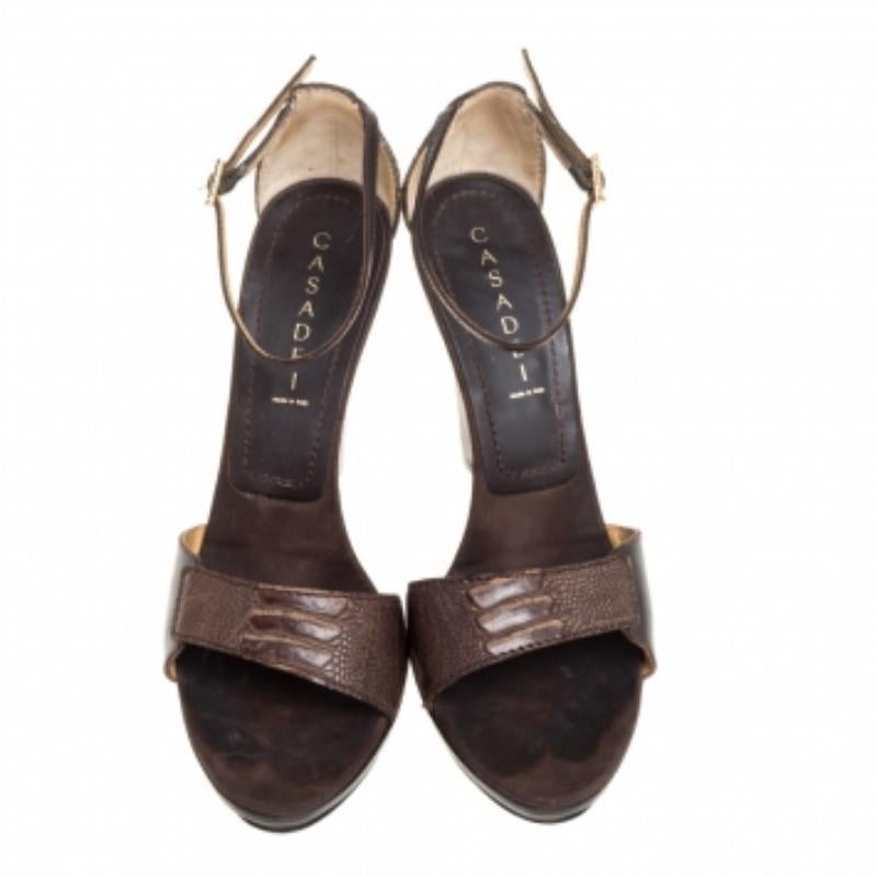 Women's Casadei Brown Leather and Ostrich Leg Ankle Strap Platform Sandals Size 40 For Sale