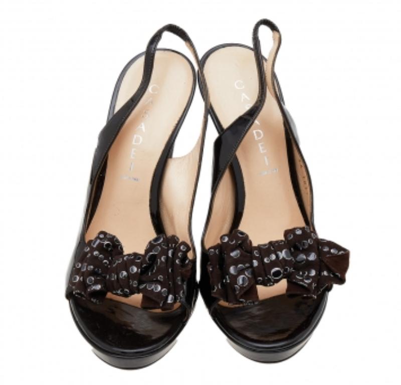 Black Casadei Brown Patent Leather Bow Slingback Sandals Size 38 For Sale