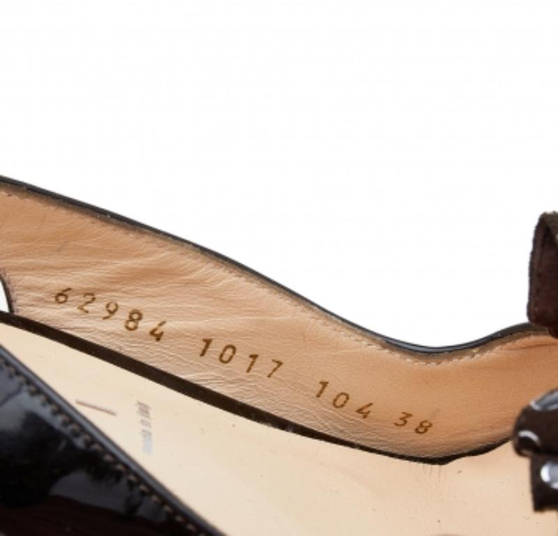 Casadei Brown Patent Leather Bow Slingback Sandals Size 38 For Sale 2