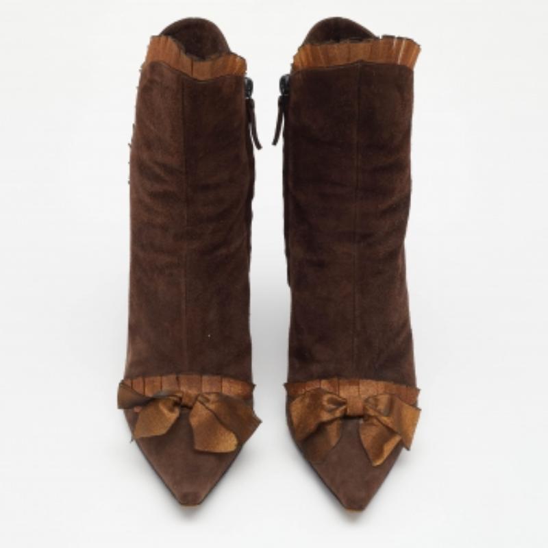Noir Casadei Brown Suede Bow Detail Ankle Length Boots Size 37 en vente