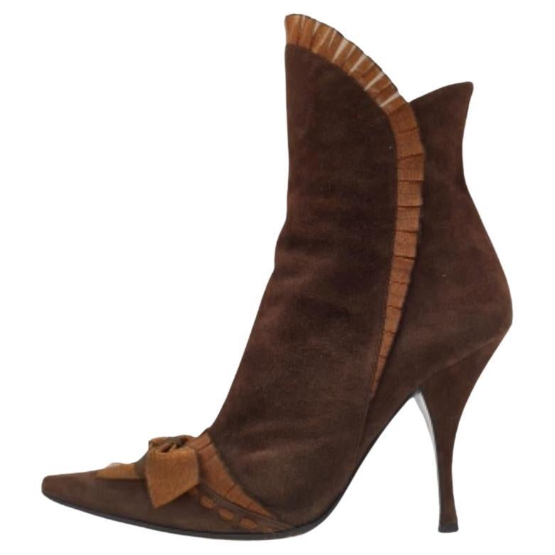 Casadei Brown Suede Bow Detail Ankle Length Boots Size 37 en vente