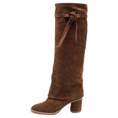Casadei Brown Suede C-Chain Block Heel Knee Length Boots Size 37.5
