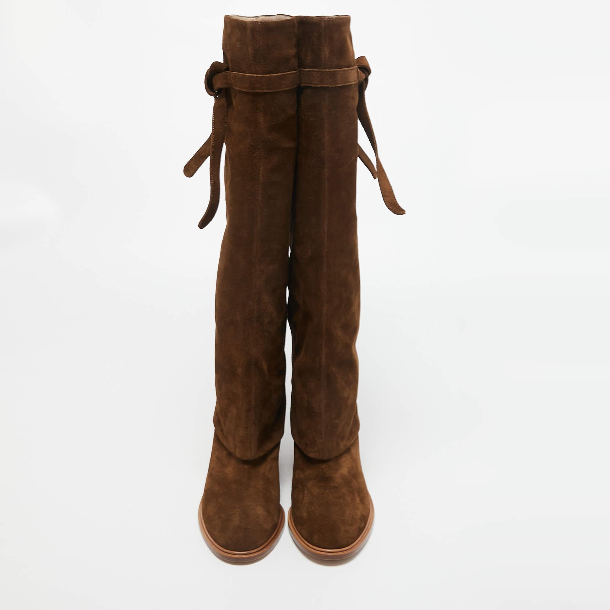 Casadei Brown Suede C-Chain Knee Length Boots Size 37.5 1