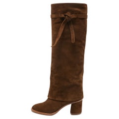 Casadei Brown Suede C-Chain Knee Length Boots Size 37.5
