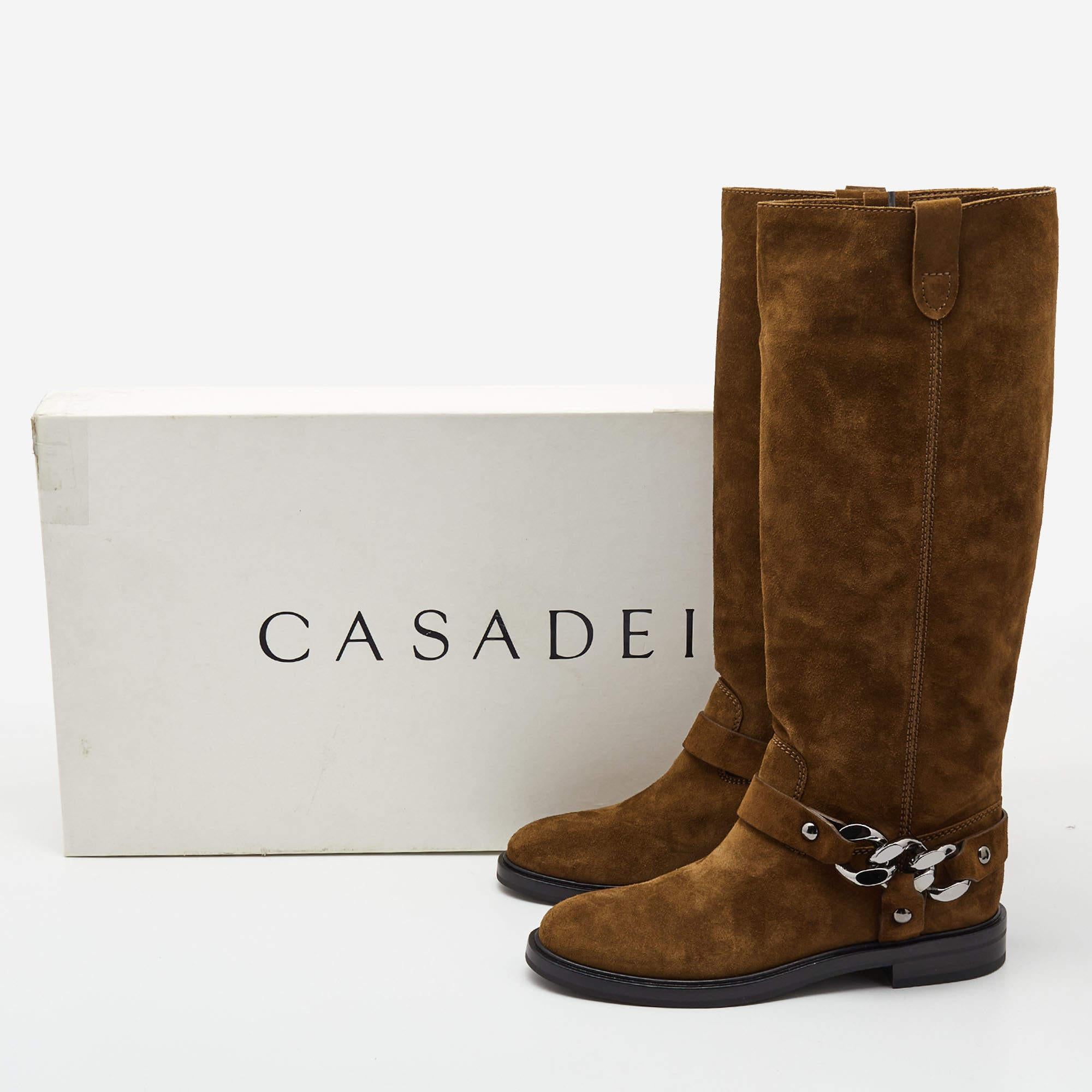 Casadei Brown Suede Chain Detail Knee Length Boots  For Sale 2