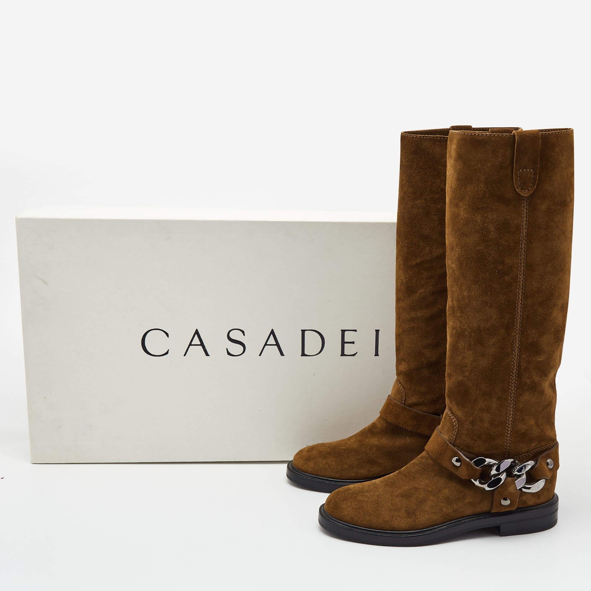 Casadei Brown Suede Chain Detail Knee Length Boots Size 36 3