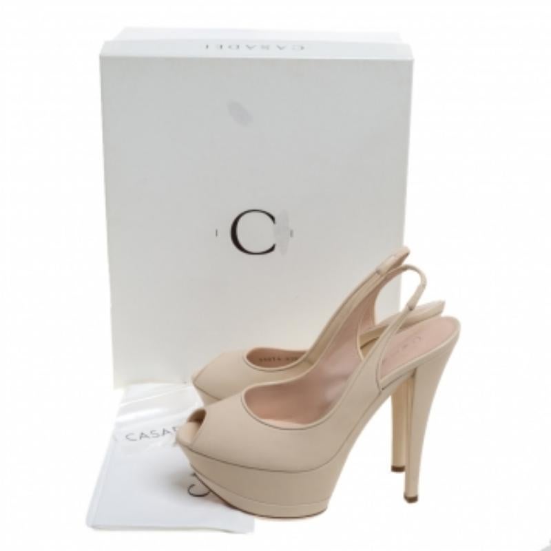 Beige Casadei Cream Leather Platform Slingback Peep Toe Sandals Size 38 For Sale